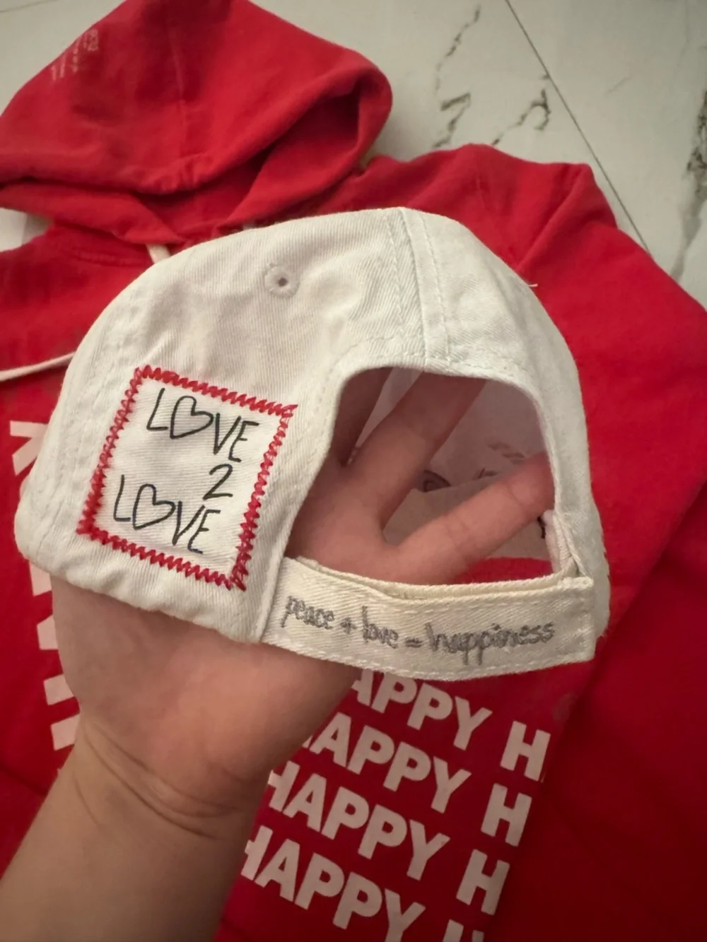 Peace Love Word Red 'Happy' Graphic Zip Hoodie with White 'LOVE' Cap - Picture 5 of 9